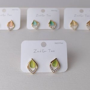gold plated teardrop stone stud earrings green stone zircon stud earrings S925 elegant women's gold stud earrings
