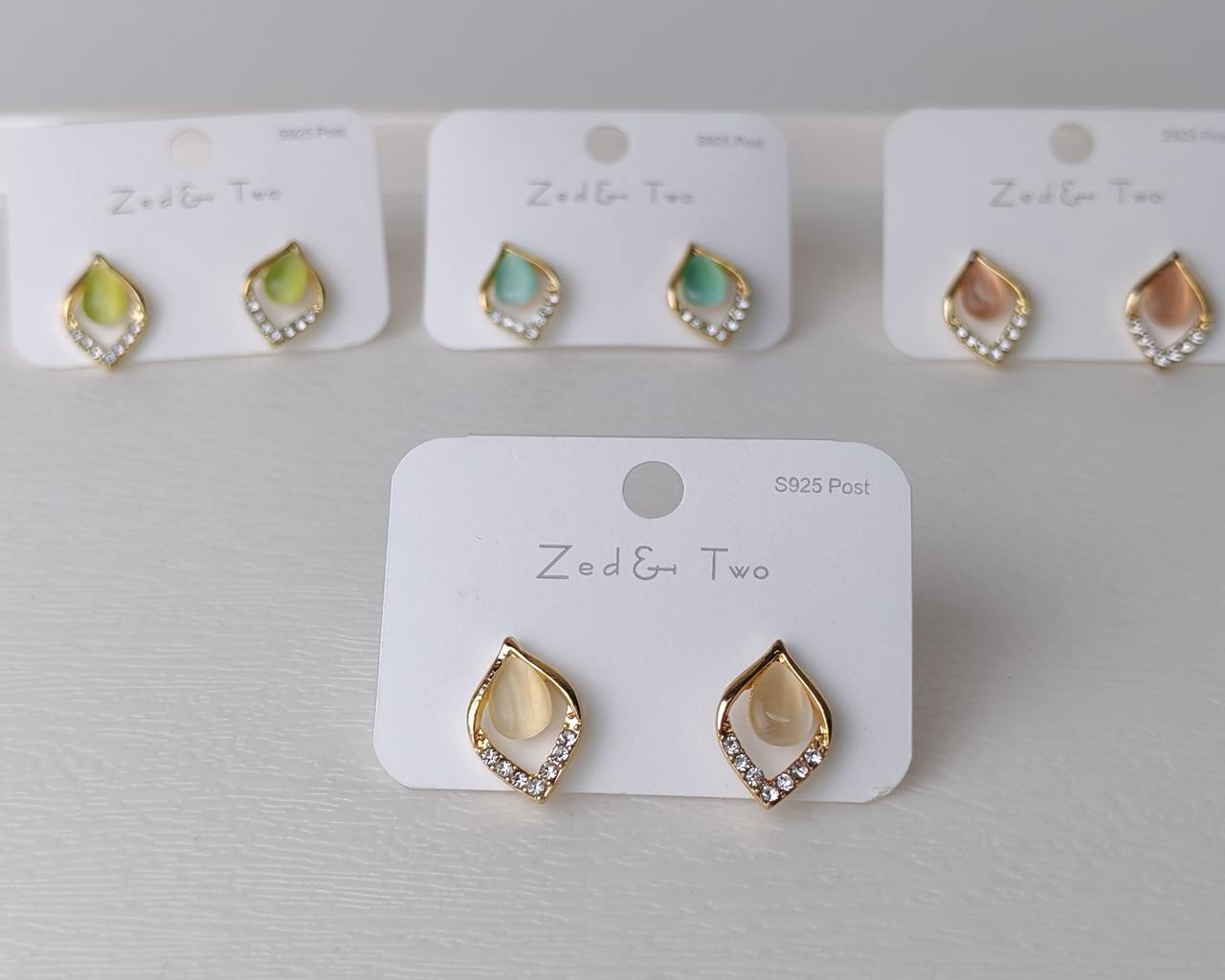 Gold Plated Teardrop Stone Stud Earrings – S925 Silver Post Crystal Design(3 pairs sets) - Image 3